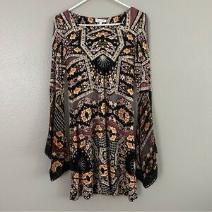 Patrons Of Peace Bell Sleeves Flare Printed Mini Dress Size XS Crochet Trim Boho